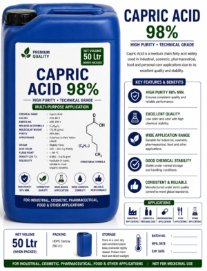 Capric Acid 98% 50 Ltr Supplier in India | Cosmetic & Industrial Fatty Acid
