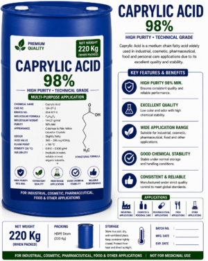 Caprylic Acid 220 Kg Supplier in India | C8 Fatty Acid for Cosmetic & Industrial Use