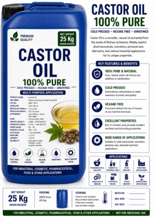 Castor Oil 100% Pure 25 Kg Supplier in India | Natural Cosmetic & Industrial Oil